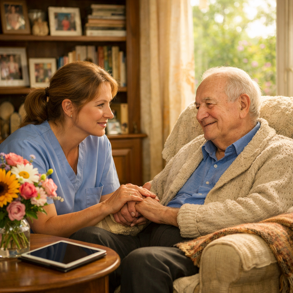 Compassionate Caregiver and Elderly Man in Warm Sunlit Room